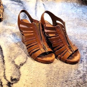 Strappy Brown Front Zip Wedges